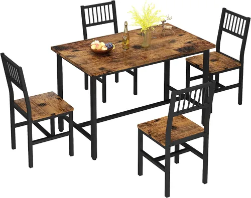 Vista 9 de AWQM - Juego de mesa de comedor de 47.2 pulgadas para 4, mesa industrial con 4 sillas curvas, juego de mesa de cocina rectangular de 5 piezas