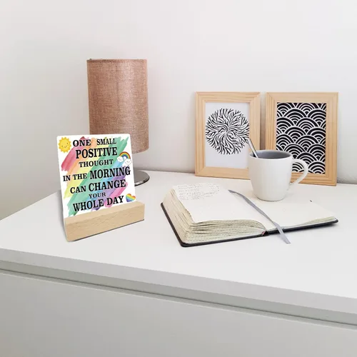 Vista 7 de ORIGACH Placa con citas inspiradoras, un pequeño pensamiento positivo en la mañana puede cambiar tu mesa todo el día con soporte de madera, citas