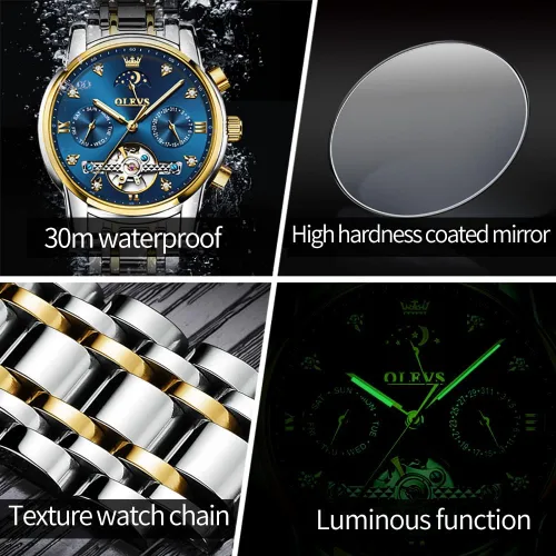 Vista 6 de OLEVS Relojes automáticos para hombre, de lujo, de cuerda automática, reloj de pulsera mecánico, de acero inoxidable, impermeable, luminoso, fecha