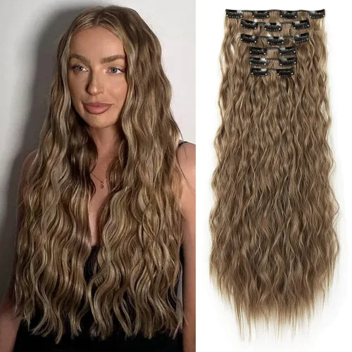 Vista 22 de LONAI - Extensiones de cabello con clip, 6 piezas, rizadas, de 24" de largo, sintéticas, para mujer, color rubio ceniza natural