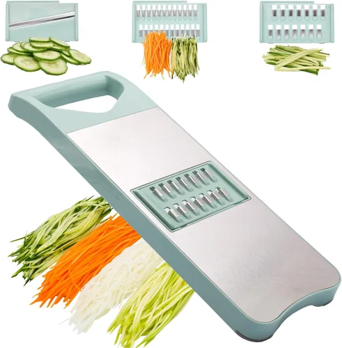 Vista 7 de NACOLUS Rallador de mandolina de 6 cuchillas con protector de mano deslizante - Rallador de verduras, rallador de papa/cebolla/ajo, rallador de Beige