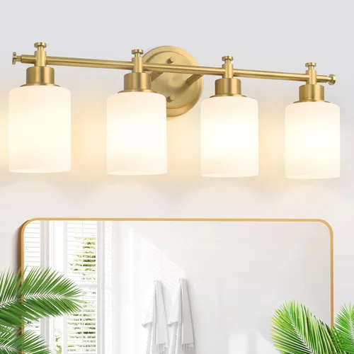 Vista 10 de Lámparas de baño negras de 3 luces, modernas luces de tocador sobre el espejo, apliques de pared de baño con pantalla de vidrio blanco, enchufe E26