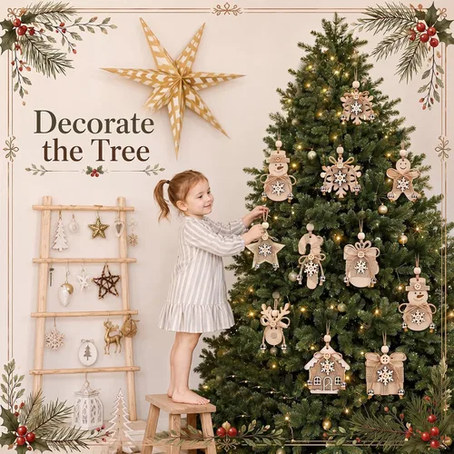 Vista 4 de Soaoo 20 adornos rústicos de madera de Navidad para árbol de arpillera