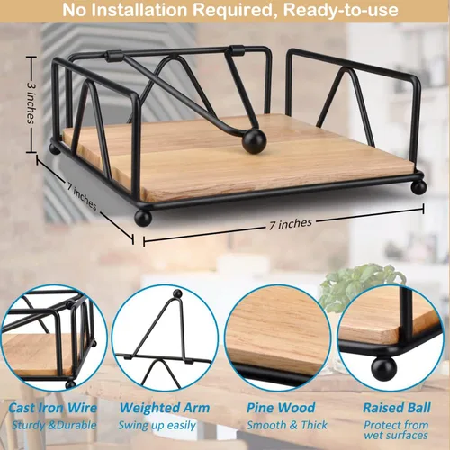 Vista 5 de Servilletero de metal para mesa con brazo de peso, servilleteros de papel plano para mesa de cocina con base de madera, dispensador de pañuelos