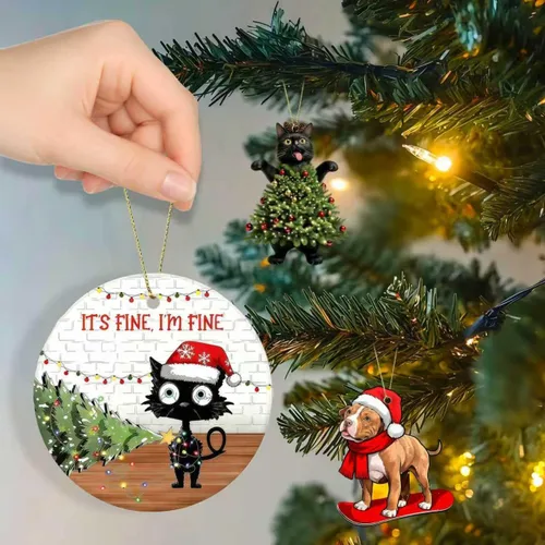Vista 3 de Adornos colgantes de gato para Navidad 2025, Adornos colgantes para árbol de Navidad de gato negro, Está bien, estoy bien, suministros de decoración