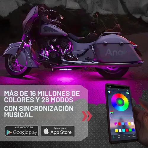 Vista 4 de Kit de 8 tiras de luces LED underglow para motocicleta, impermeables, luces de neón RGB de acento, efecto suelo, tiras de luz atmosférica DC 12V