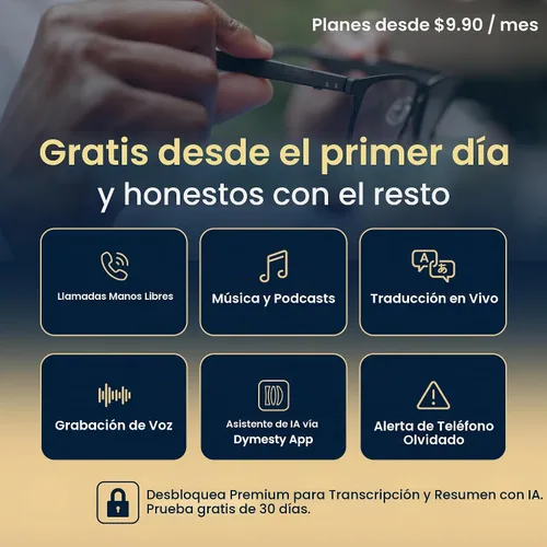 Vista 9 de Lentes inteligentes AI, audio Bluetooth de oído abierto, grabación de voz, traducción en tiempo real, transcripción de reuniones, marco de titanio