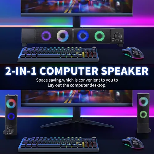 Vista 2 de Altavoces de computadora con cable diseñados para dispositivos de escritorio, sonido claro USB Plug and Play con iluminación RGB Características