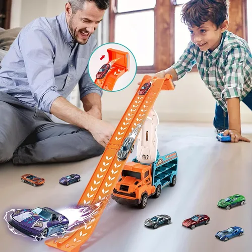 Vista 6 de Juguetes de camión para niños pequeños, camión transportador de automóvil de juguete para niños de 3 a 5 4 a 8 años, juegos de pista de autos Naranja