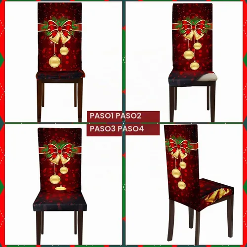 Vista 5 de Boao 4 fundas protectoras de silla de Navidad, estilo campana, elástico, extraíble, lavable, funda protectora de asiento de silla de Navidad