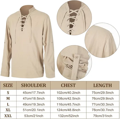 Vista 2 de Jeyiour Camisa medieval para hombre, banda al tobillo, pantalones, bolsa de cuero, brazalete vikingo, retro, renacentista, disfraz de Halloween
