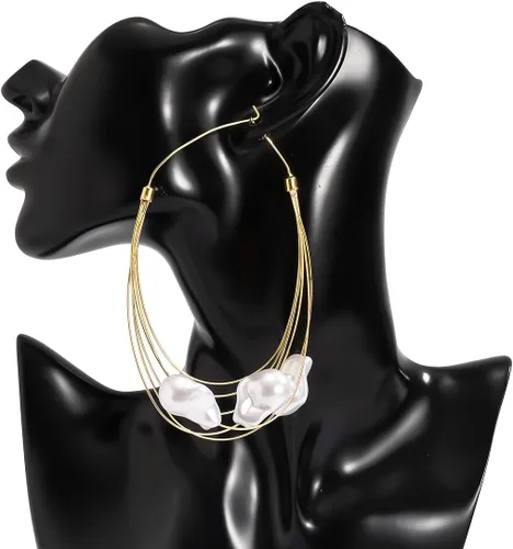 Vista 7 de JUMWRIT Delicados aretes colgantes grandes de oro con perlas para mujeres y niñas