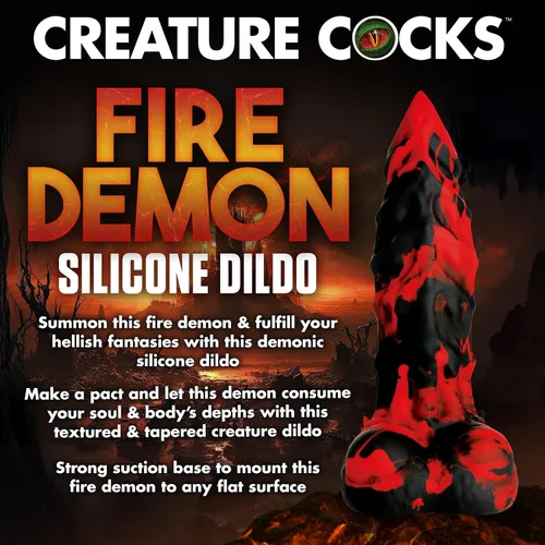 Vista 2 de CREATURE COCKS Consolador monstruo Fire Demon para hombres, mujeres y parejas. Firme y flexible, base de succión fuerte, consolador de fantasía
