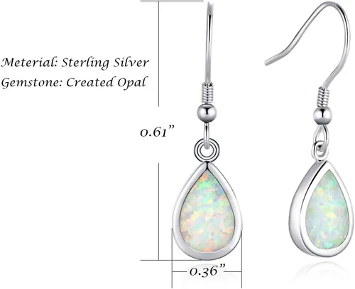 Vista 5 de FANCIME - Aretes colgantes de plata de ley con ópalo de octubre, aretes colgantes de lágrima blancaazul, aretes de gota de piedra natal de octubre