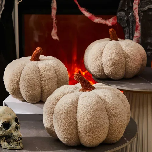 Vista 3 de Juexica 3 almohadas de calabaza de peluche esponjosas en 3D con forma de calabaza para decoración de otoño, Acción de Gracias, Halloween, cojín