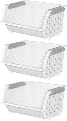 Vista 6 de Cestas de almacenamiento apilables de plástico de 3 niveles, cesta apilable para organizar alimentos, aperitivos, color blanco Plastic Kitchen