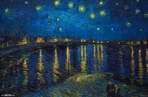 Vista 17 de Trends International Póster de pared de Vincent van Gogh, noche estrellada sobre el Ródano, 14.725 x 22.375 pulgadas, versión enmarcada de madera