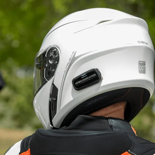 Vista 4 de Sena Outrush R - Casco modular de motocicleta Bluetooth con sistema de intercomunicación (blanco brillante, pequeño)