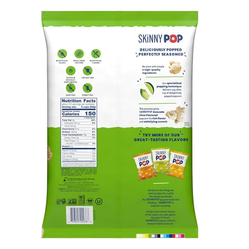 Vista 2 de SkinnyPop Palomitas de maíz, lima de aguacate, aperitivo de grano entero, aperitivo sin lácteos, bolsa de 4.4 onzas