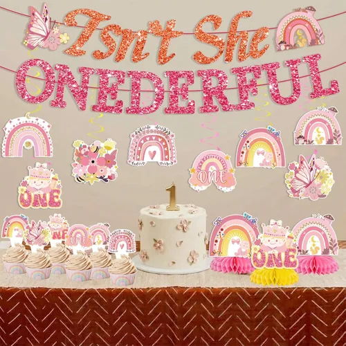Vista 6 de 35 decoraciones de cumpleaños con texto en inglés "Isn't She Onederful", decoraciones de primer cumpleaños para niñas, fácil instalación, incluye