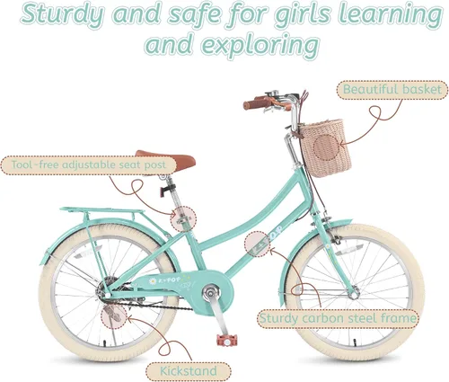Vista 5 de Bicicletas para niñas de 8 a 12 años, bicicleta para niñas de 20 pulgadas con canasta, bicicletas ligeras para niños con freno en V delantero +