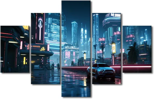 Vista 86 de Póster de 5 paneles en lienzo para decoración de pared, diseño de centro urbano Cyberpunk, impresión moderna, decoración de pared para el hogar