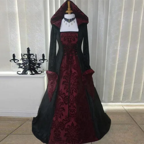 Vista 2 de ZEFOTIM Vestido renacentista para mujer, manga largamurciélago, corsés hasta el suelo con capucha, vestido gótico, cosplay