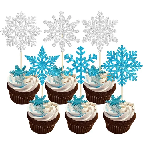 Vista 9 de Gyufise 24 adornos de copos de nieve Oh Baby para cupcakes con purpurina azul, decoración de pastel de baby shower congelado para baby shower