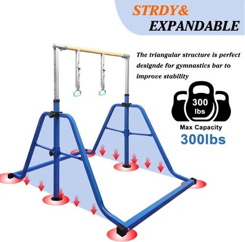 Vista 4 de Foldable Gymnastics Kip Bar with Rings & Bar Pad, 3 FT–5 FT Adjustable Horizontal Bar for Kids, 7-Level Height, 300 LBS Weight Capacity, Indoor Home