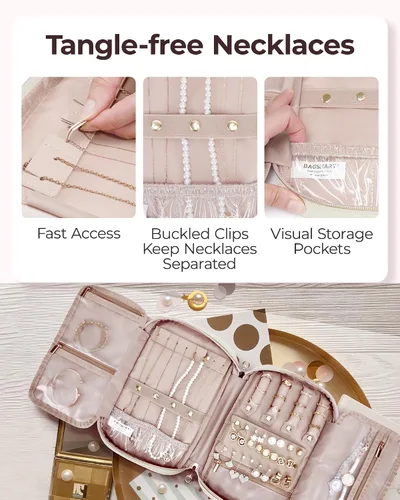 Vista 4 de BAGSMART Estuche de joyería de viaje, organizador de joyas para mujeres y niñas, con cremallera, bolsa de almacenamiento para rollos, collares