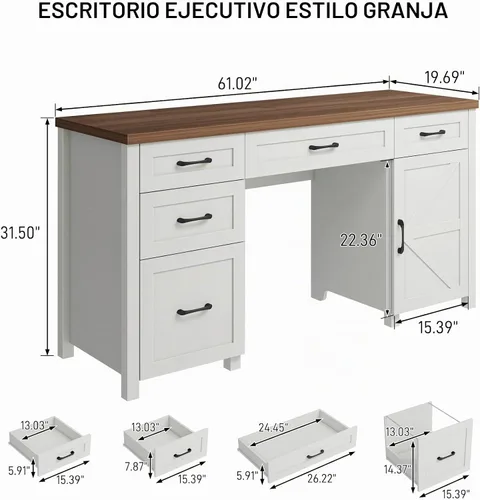 Vista 2 de Vabches Farmhouse - Escritorio ejecutivo de 61 pulgadas con 5 cajones, escritorio de oficina rústico para computadora con cajones de archivos