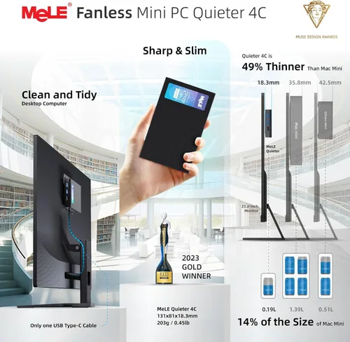Vista 8 de MeLE Quieter 4C Mini PC sin ventilador, N150 16GB 512GB Fanless micro PC, full-functional USB-C, 4K triple display, dual-band WiFi, for Home