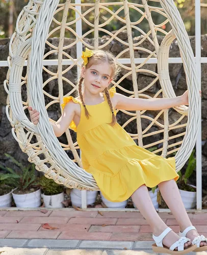 Vista 4 de Vieille Vestido de verano para niñas pequeñas, con volantes, sin mangas, casual, vestido de playa, escalonado, vestido de princesa para 2-8 años