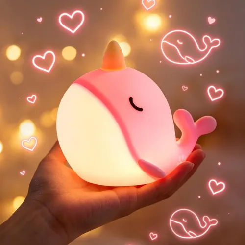 Vista 10 de Fuloon Narwhal - Luz nocturna con forma de ballena, lámpara de silicona blanda para niños, control táctil seguro y relajante para niños y bebés