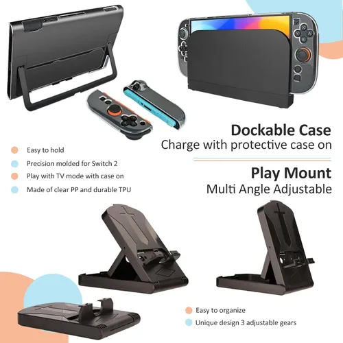 Vista 6 de Accessories for Switch 2 - Family Bundle for Nintendo Switch 2,Carry Case,Portable Joy Con Charger,4 Pack Steering Wheels and Hand Grips,Dockable