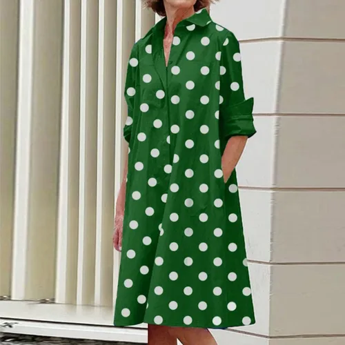 Vista 2 de Ceboyel Vestido midi de lunares para mujer, longitud hasta la rodilla, media manga, vestido casual holgado, vestido camisero, vestido elegante