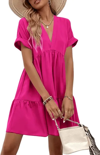 Vista 6 de WDIRARA Vestido de manga corta enrollable con cuello en V y dobladillo con volantes para mujer