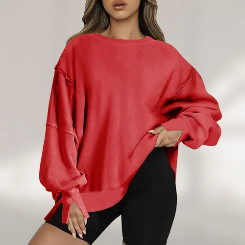 Vista 2 de Ceboyel Sudadera de gran tamaño para mujer 2023, color sólido, cuello redondo, suéter con abertura lateral, cómodo ropa de moda de otoño