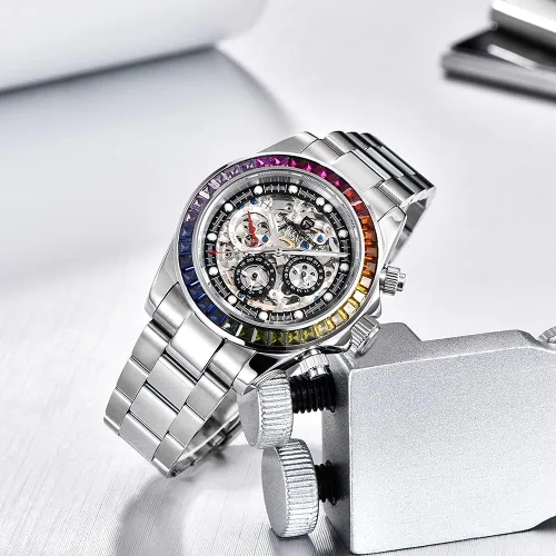 Vista 2 de Pagani Design Relojes mecánicos automáticos de lujo para hombre, esfera de esqueleto, acero inoxidable, bisel de arco iris, correa de goma, 328.1
