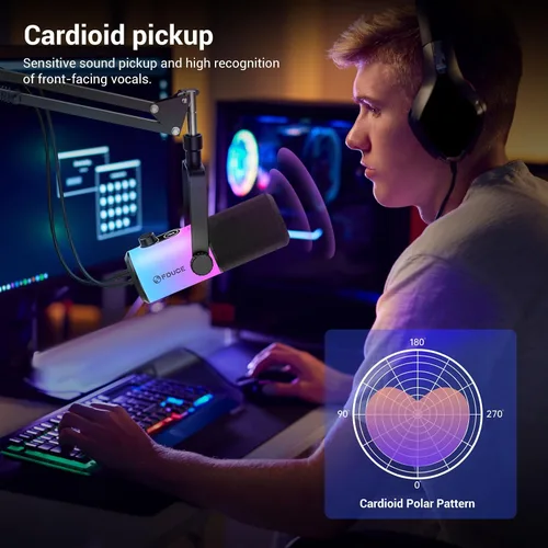 Vista 6 de FDUCE Juego de micrófono dinámico para juegos, micrófono de computadora USB/XLR para podcast con soporte de brazo extensible, luz RGB, botón