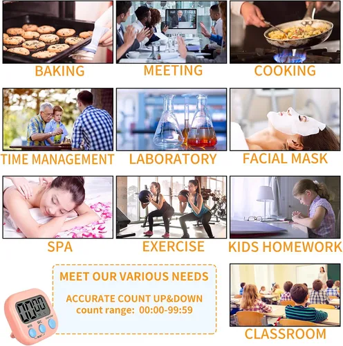 Vista 7 de Temporizador para niños, temporizador de cocina digital, parte trasera magnética, anillo fuerte, soporte para cocinar, aula, baño, profesores, niños
