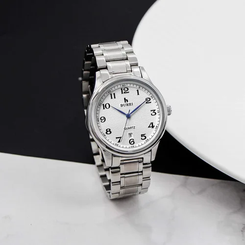 Vista 9 de BUREI Reloj de cuarzo para hombre con números arábigos simples y correa de acero inoxidable