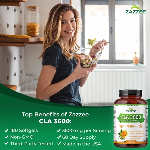 Vista 2 de Zazzee CLA 3600 de alta potencia, 180 cápsulas blandas, 3600 mg por porción, ácido linoleico conjugado de aceite de cártamo, concentrado