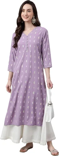 Vista 4 de Janasya Indian Lavender Crepe Foil Print Straight Kurta para mujer
