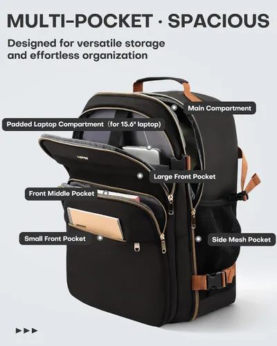 Vista 3 de HOTOR Mochila de viaje para mujer, aprobada por vuelo, bolsa de transporte Negro