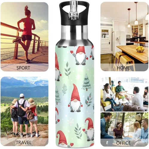 Vista 5 de BPA-Free Sport Water Bottle Insulated 32 Oz, Stainless Steel Water Bottle for Gym Outdoor Travel School, Gnomes Red Hats