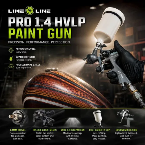 Vista 6 de LiME LiNE 1,4 mm PRO HVLP Pistola de pintura para capas base, capas claras y imprimaciones automotrices. (Bonificación) Juego de taza de pintura