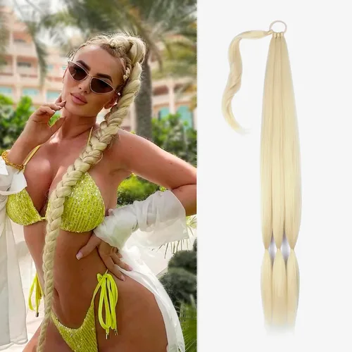 Vista 10 de Paquete de 2 extensiones de cola de caballo trenzada con lazo elástico, lacio, elegante envolvente, extensiones de cola de caballo de 26 pulgadas