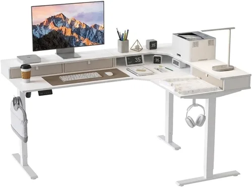 Vista 11 de CubiCubi Escritorio de pie en forma de L de 63 x 48 pulgadas con 3 cajones y estante para monitor, escritorio esquinero de altura ajustable