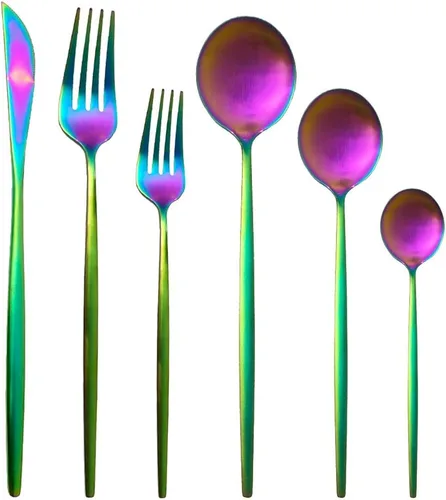 Vista 15 de Juego de cubiertos de 36 piezas de acero inoxidable 304 con acabado de manchas de color negro puro, cuchillo de vajilla de postre, tenedor, cuchara